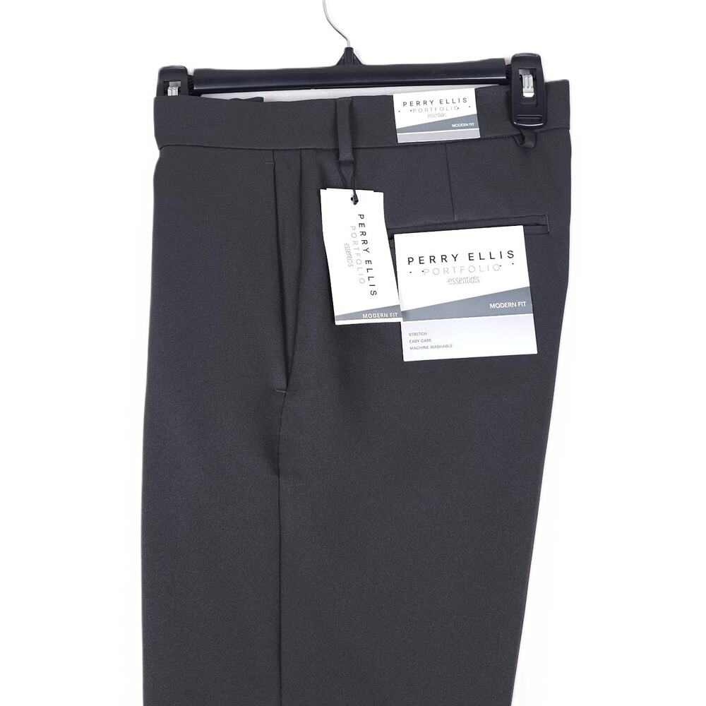 Perry Ellis Mens Modern Fit Dress Pants 40x30 Charcoal Dark Grey Stretch Twill